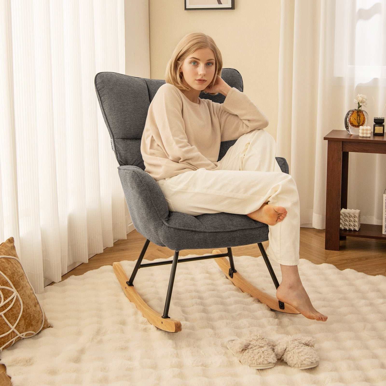 Linen Nursery Rocking Chair with High Backrest and Padded Armrests, Gray Floor Chairs   at Gallery Canada