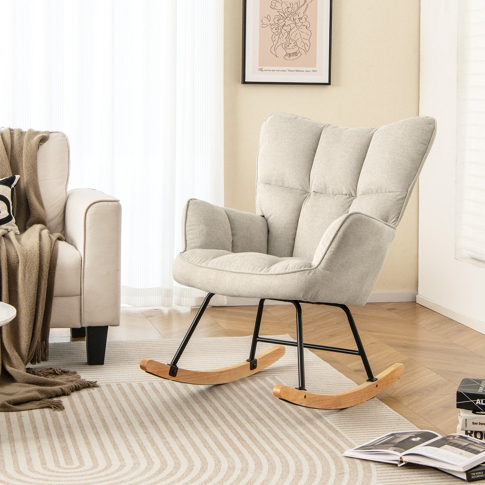 Linen Nursery Rocking Chair with High Backrest and Padded Armrests, White Floor Chairs   at Gallery Canada