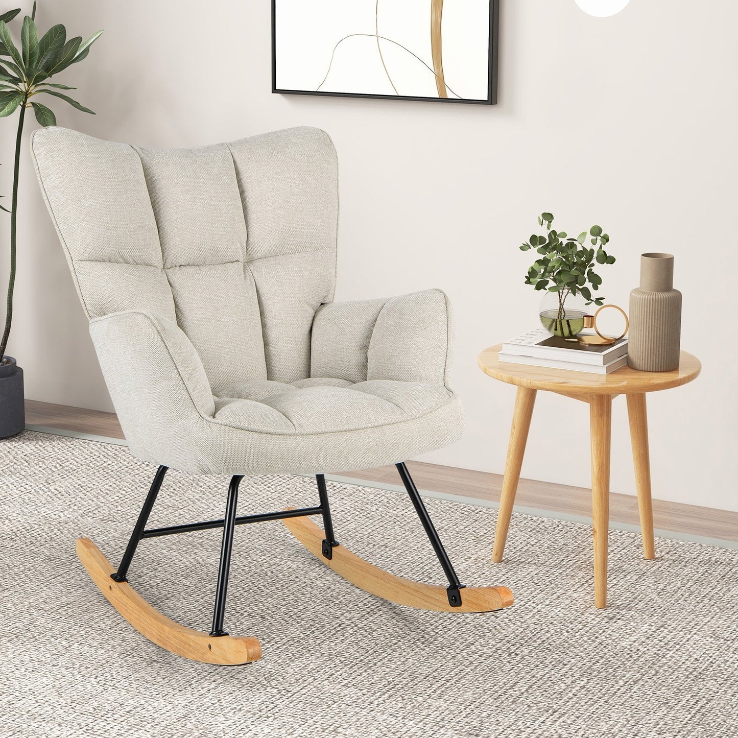 Linen Nursery Rocking Chair with High Backrest and Padded Armrests, White Floor Chairs   at Gallery Canada