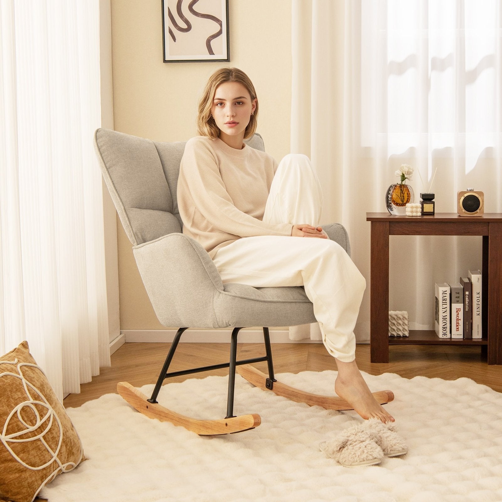 Linen Nursery Rocking Chair with High Backrest and Padded Armrests, White Floor Chairs   at Gallery Canada