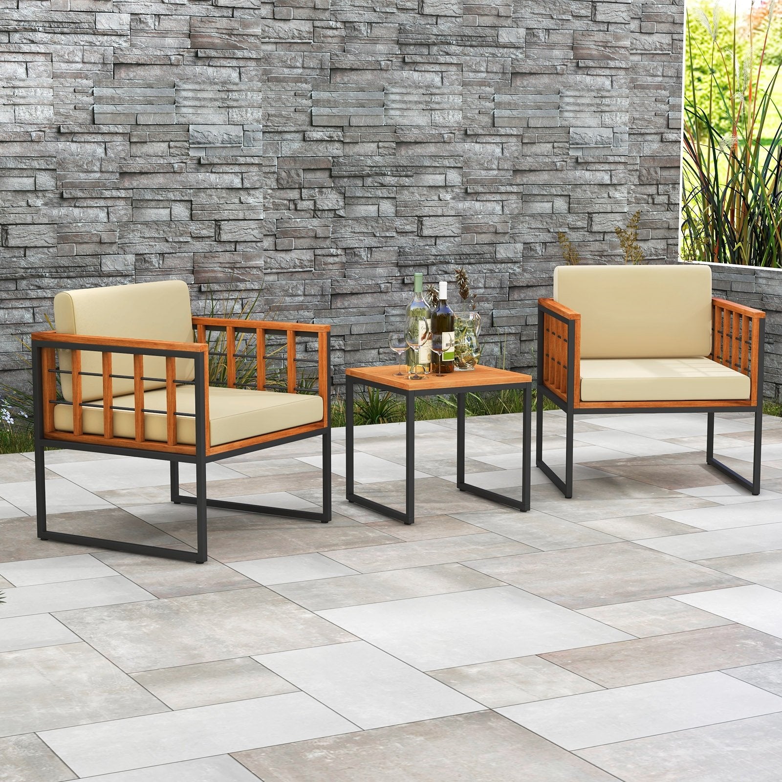 3 Pieces Patio Chair Set Acacia Wood Outdoor Sofa Set with Soft Cushions, Beige Patio Conversation Sets   at Gallery Canada