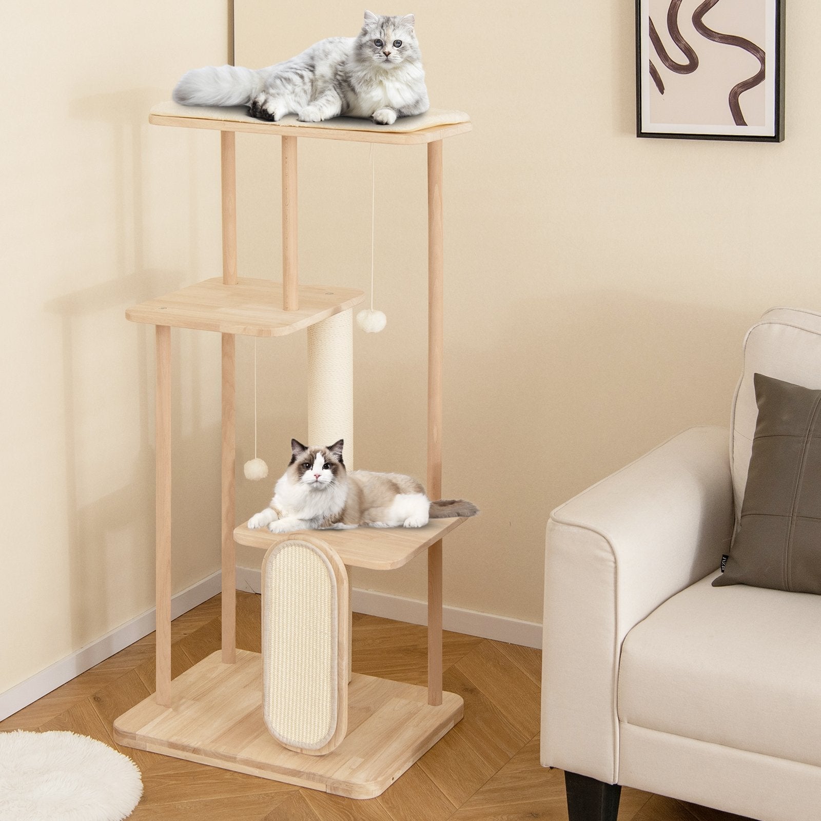 Wooden Multi-level Modern Cat Tower with Scratching Board and Post-50 inches, Beige Cat Trees Condos & Scratchers   at Gallery Canada