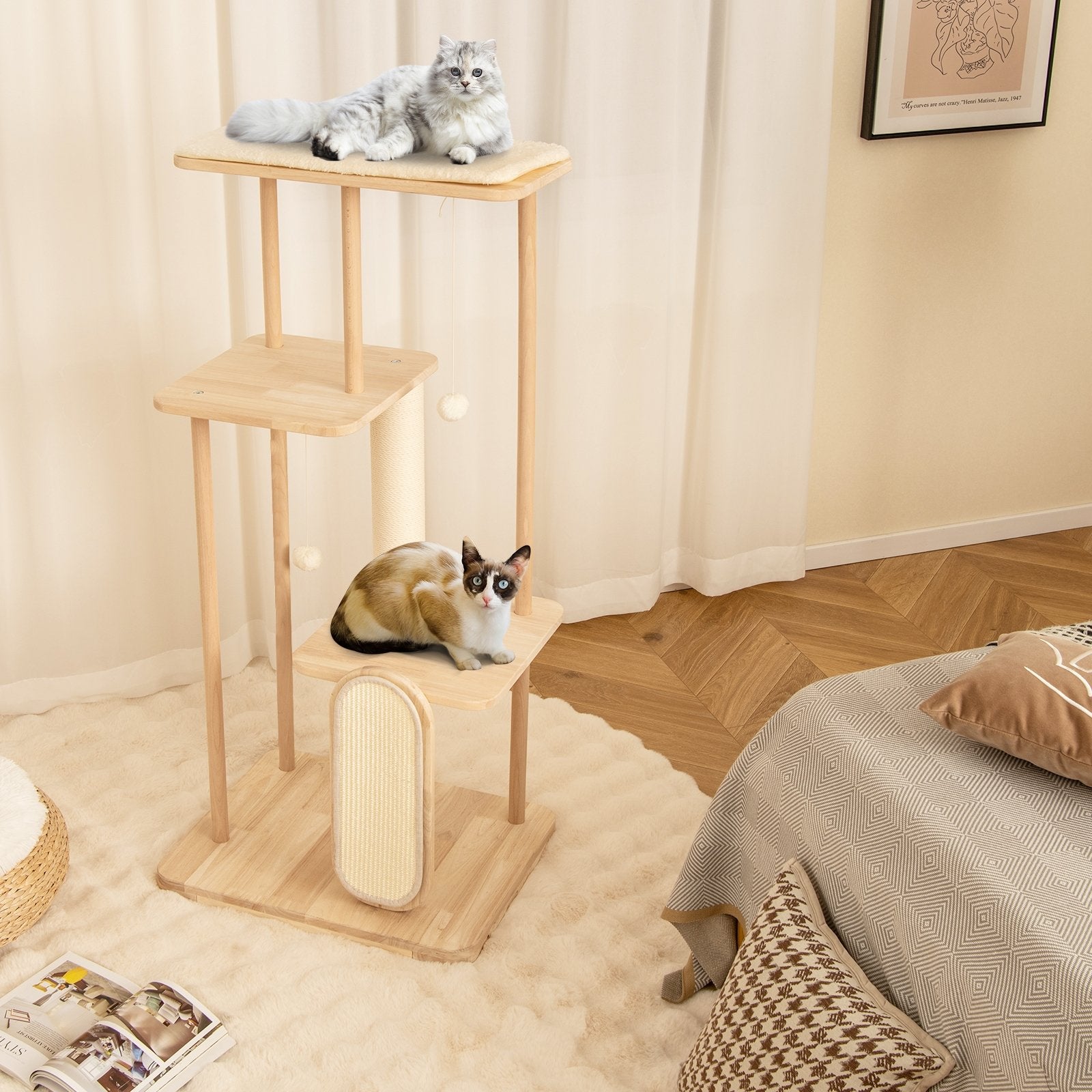 Wooden Multi-level Modern Cat Tower with Scratching Board and Post-50 inches, Beige Cat Trees Condos & Scratchers   at Gallery Canada