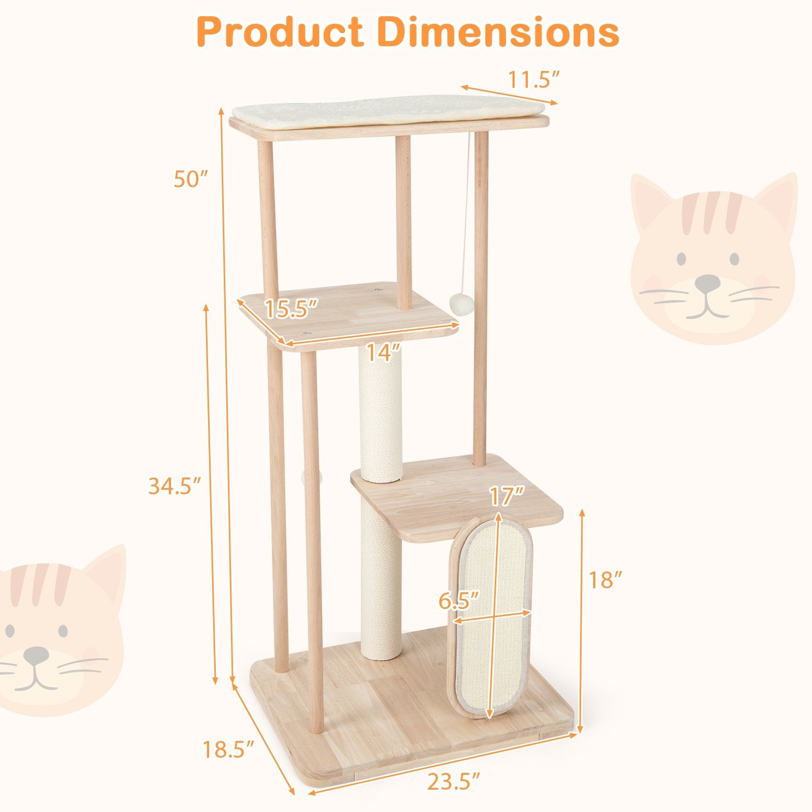 Wooden Multi-level Modern Cat Tower with Scratching Board and Post-50 inches, Beige Cat Trees Condos & Scratchers   at Gallery Canada