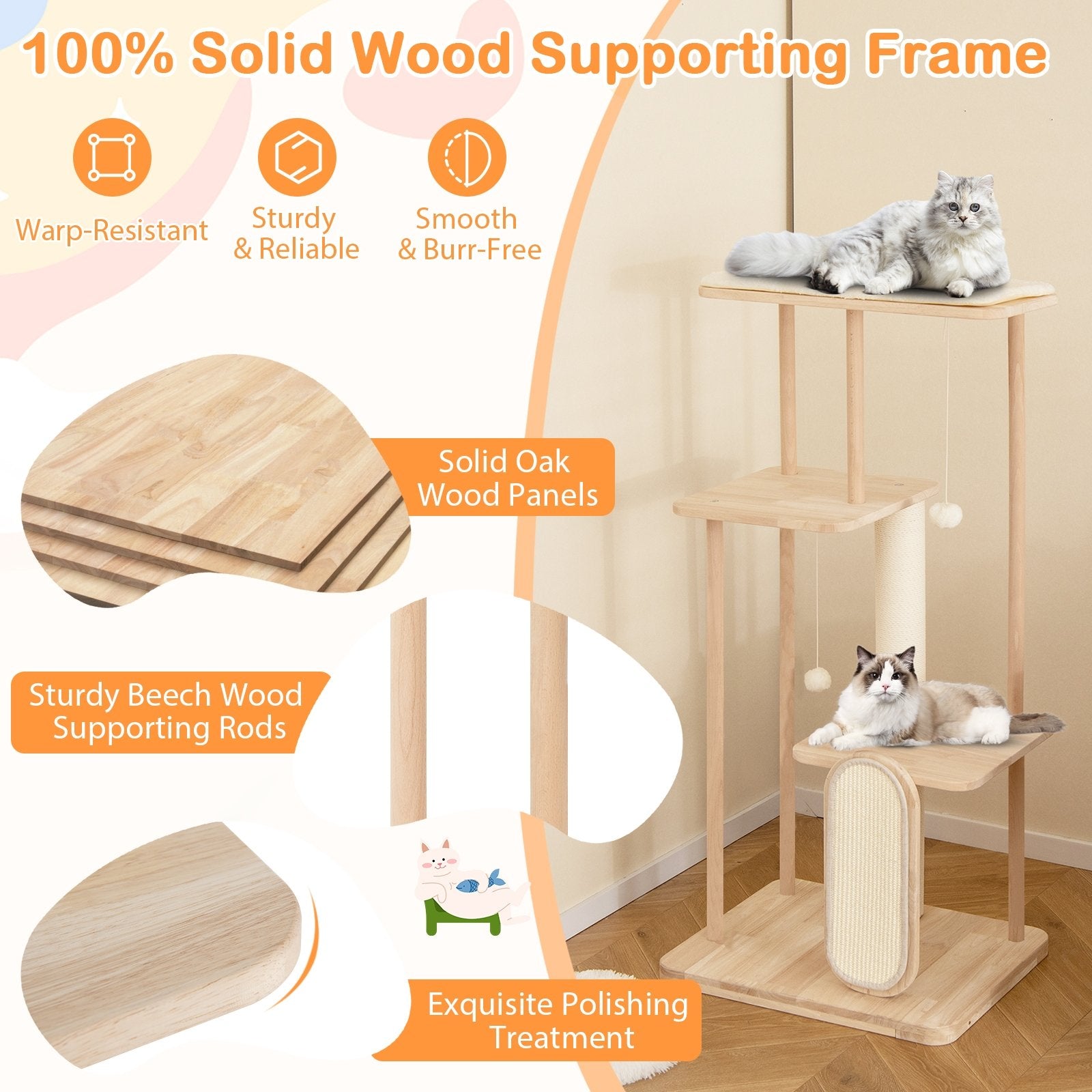 Wooden Multi-level Modern Cat Tower with Scratching Board and Post-50 inches, Beige Cat Trees Condos & Scratchers   at Gallery Canada