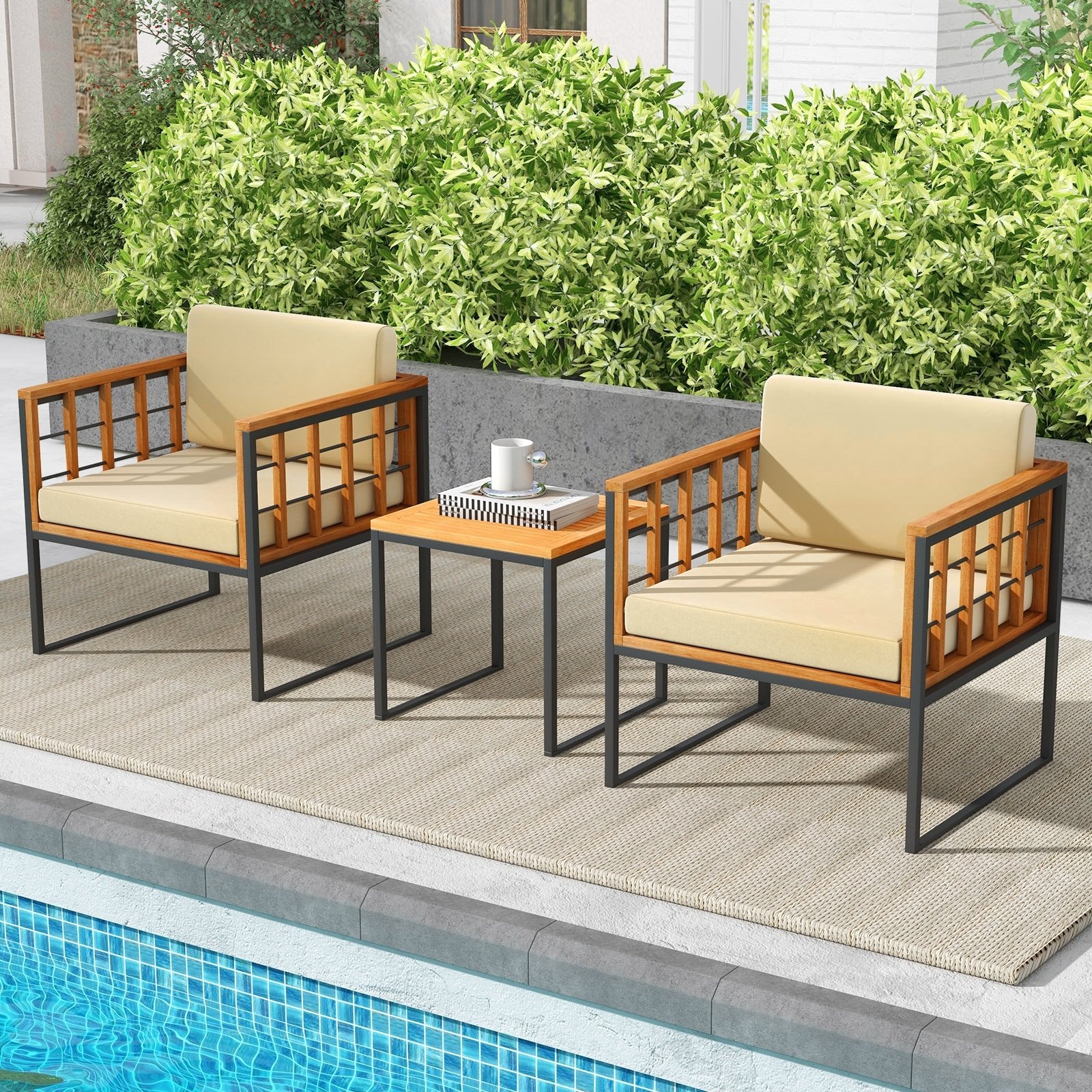 3 Pieces Patio Chair Set Acacia Wood Outdoor Sofa Set with Soft Cushions, Beige Patio Conversation Sets   at Gallery Canada