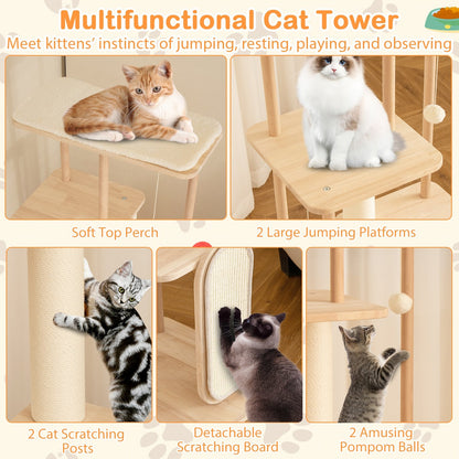 Wooden Multi-level Modern Cat Tower with Scratching Board and Post-50 inches, Beige Cat Trees Condos & Scratchers   at Gallery Canada