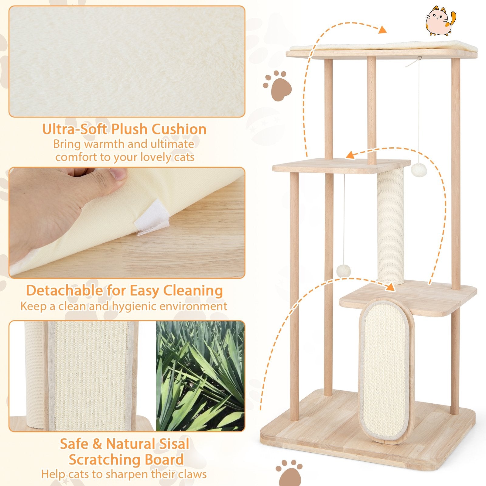 Wooden Multi-level Modern Cat Tower with Scratching Board and Post-50 inches, Beige Cat Trees Condos & Scratchers   at Gallery Canada