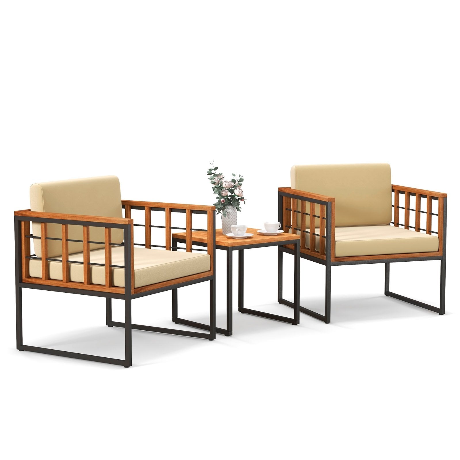 3 Pieces Patio Chair Set Acacia Wood Outdoor Sofa Set with Soft Cushions, Beige Patio Conversation Sets   at Gallery Canada