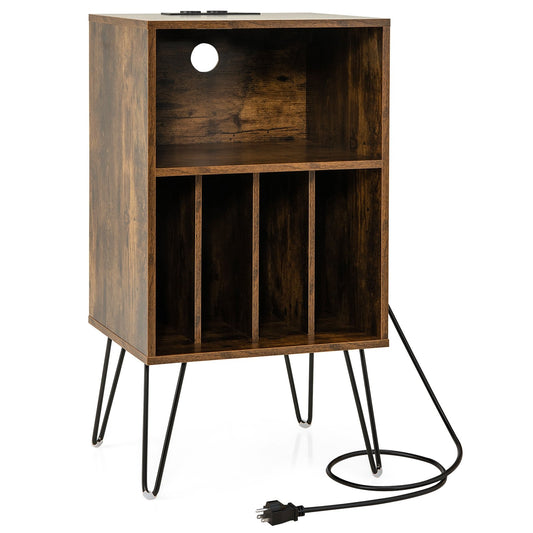 Record Player Stand with Charging Station for Living Room Bedroom, Rustic Brown - Gallery Canada