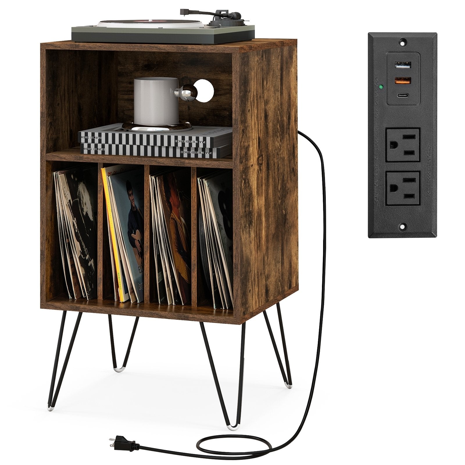 Record Player Stand with Charging Station for Living Room Bedroom, Rustic Brown End & Side Tables   at Gallery Canada