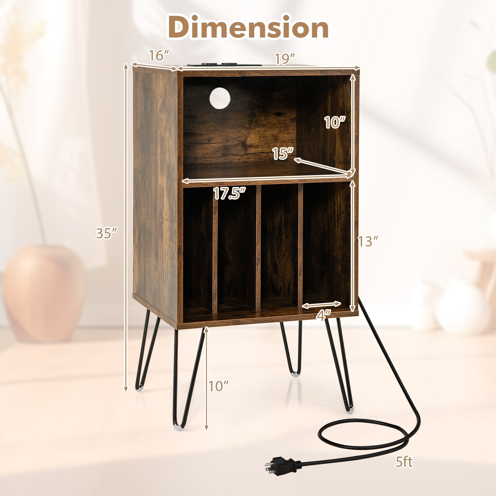 Record Player Stand with Charging Station for Living Room Bedroom, Rustic Brown End & Side Tables   at Gallery Canada