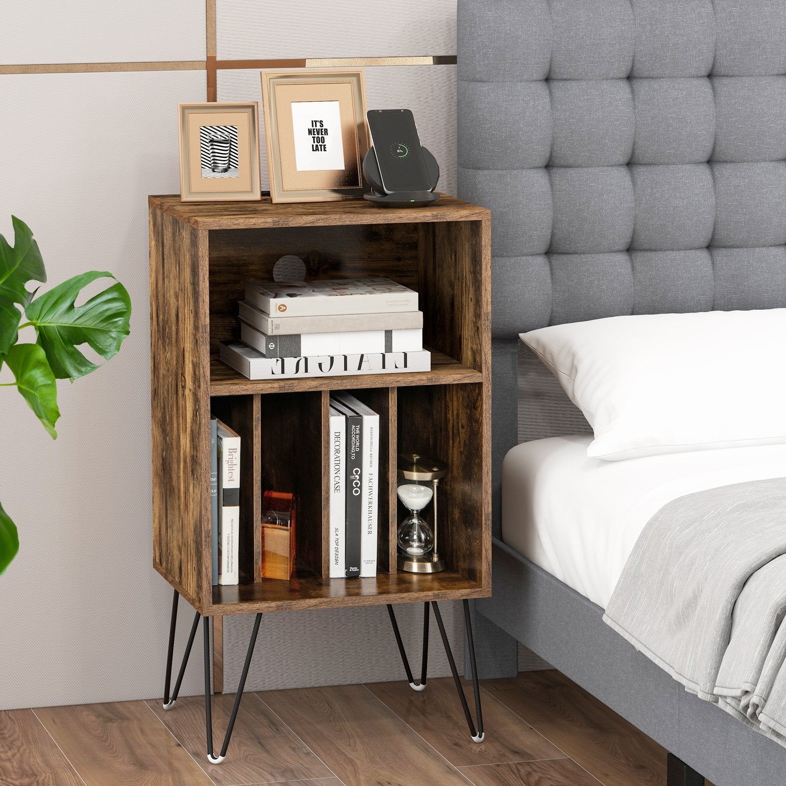 Record Player Stand with Charging Station for Living Room Bedroom, Rustic Brown End & Side Tables   at Gallery Canada