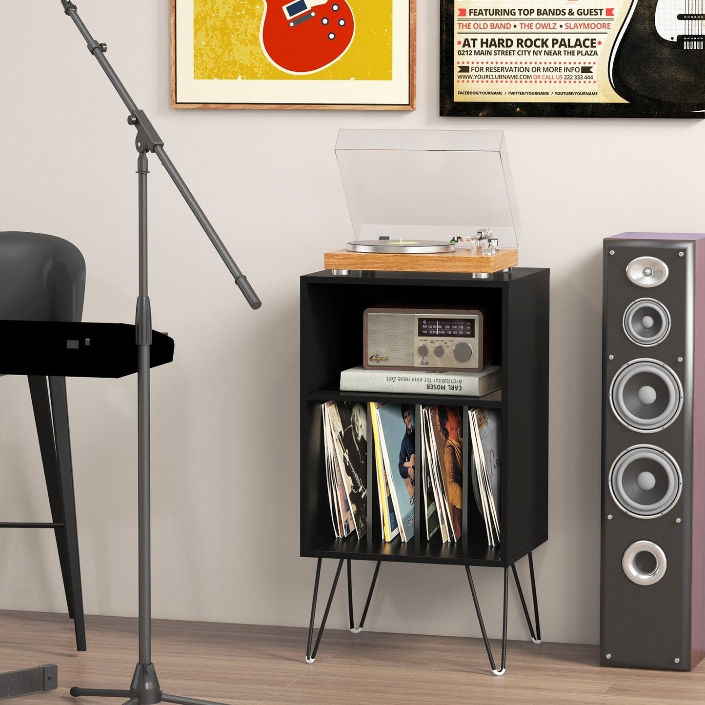 Record Player Stand with Charging Station for Living Room Bedroom, Black End & Side Tables   at Gallery Canada