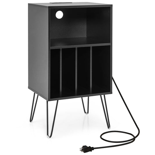 Record Player Stand with Charging Station for Living Room Bedroom, Black - Gallery Canada