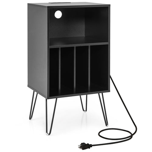 Record Player Stand with Charging Station for Living Room Bedroom, Black