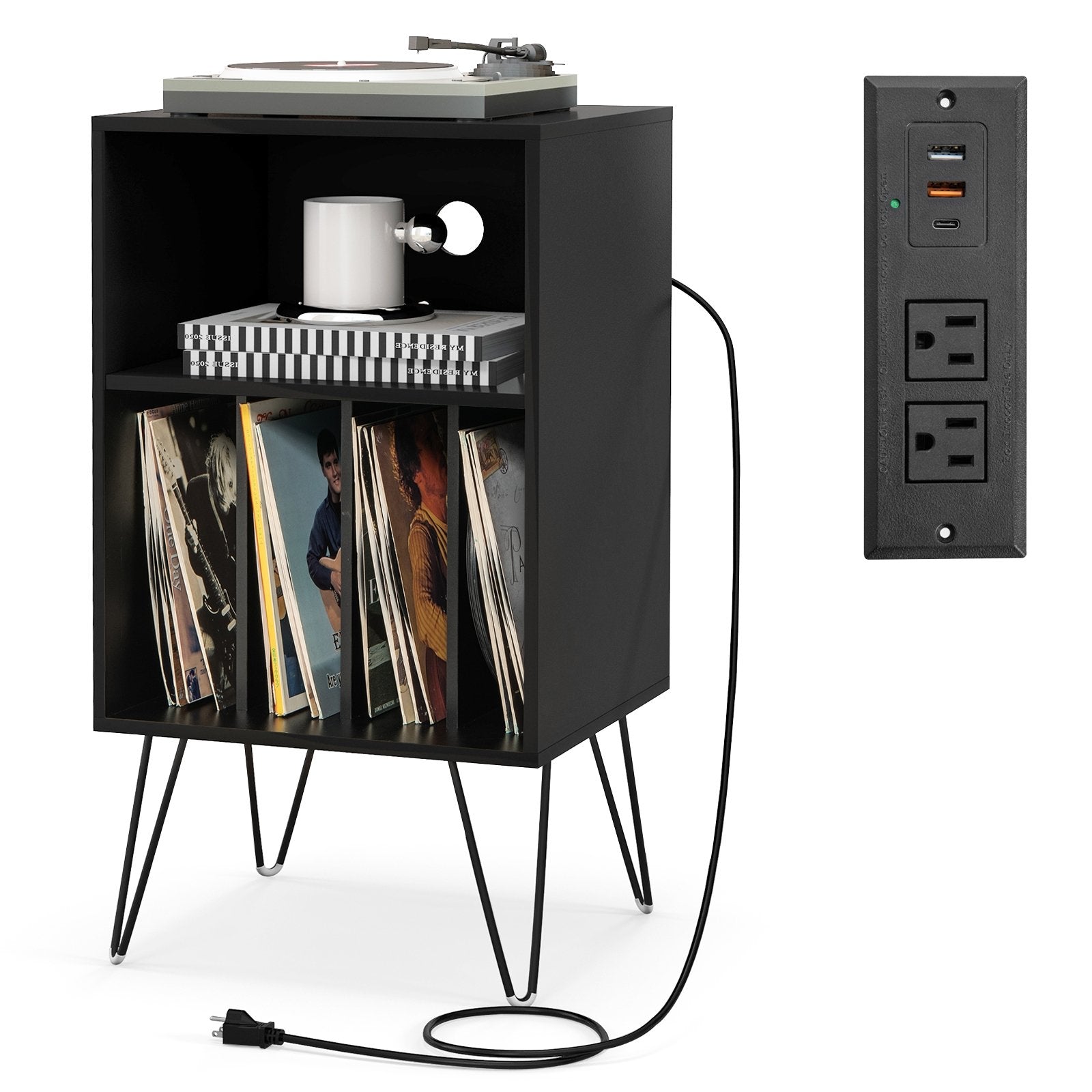 Record Player Stand with Charging Station for Living Room Bedroom, Black End & Side Tables   at Gallery Canada