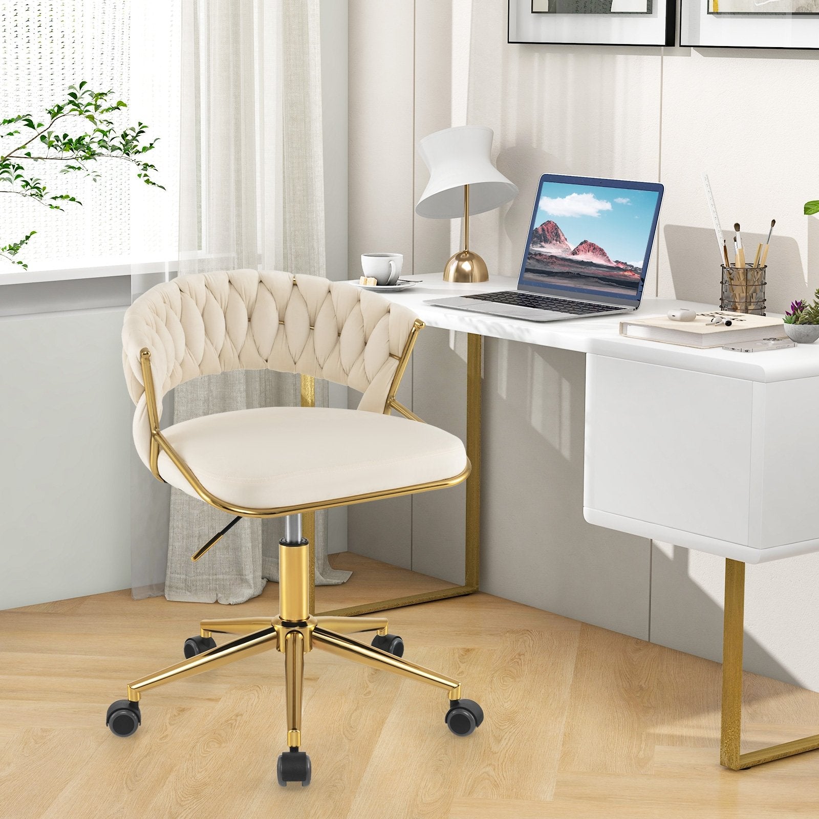 360° Height Adjustable Swivel Upholstered Desk Computer Chair with Hand-woven Back, Beige Armless Chairs   at Gallery Canada