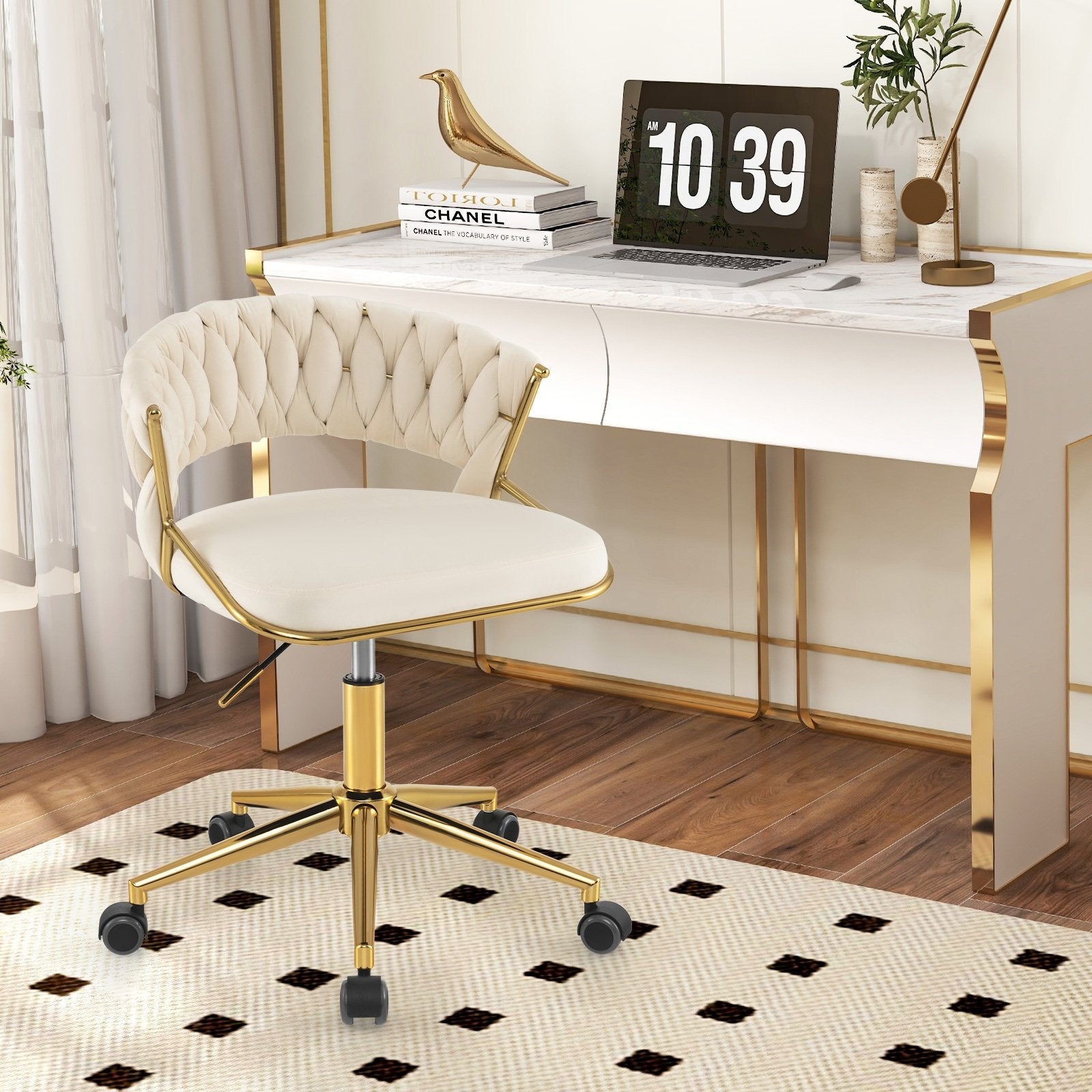 360° Height Adjustable Swivel Upholstered Desk Computer Chair with Hand-woven Back, Beige Armless Chairs   at Gallery Canada