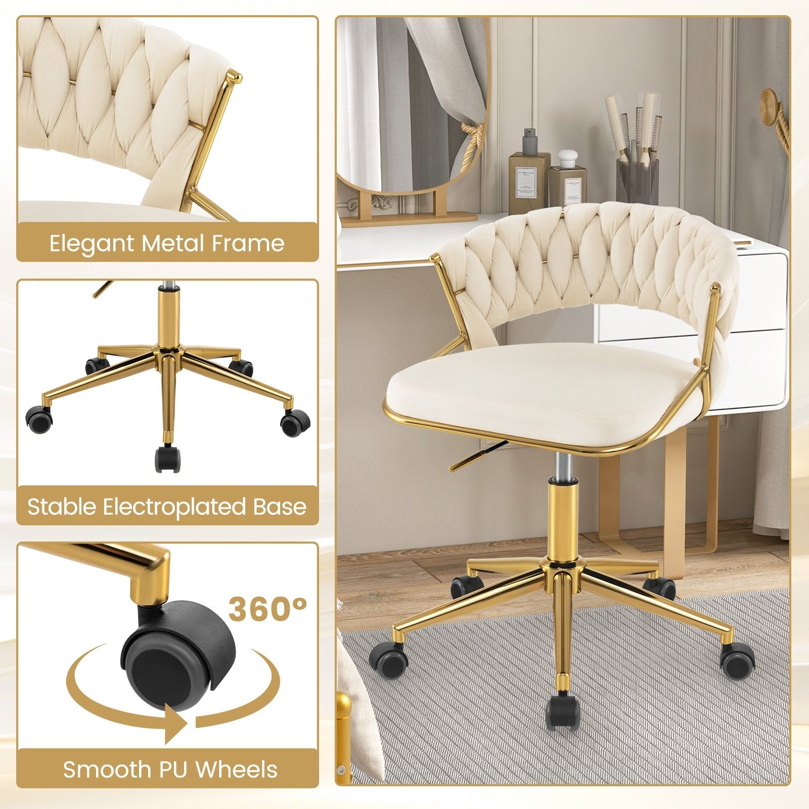 360° Height Adjustable Swivel Upholstered Desk Computer Chair with Hand-woven Back, Beige Armless Chairs   at Gallery Canada