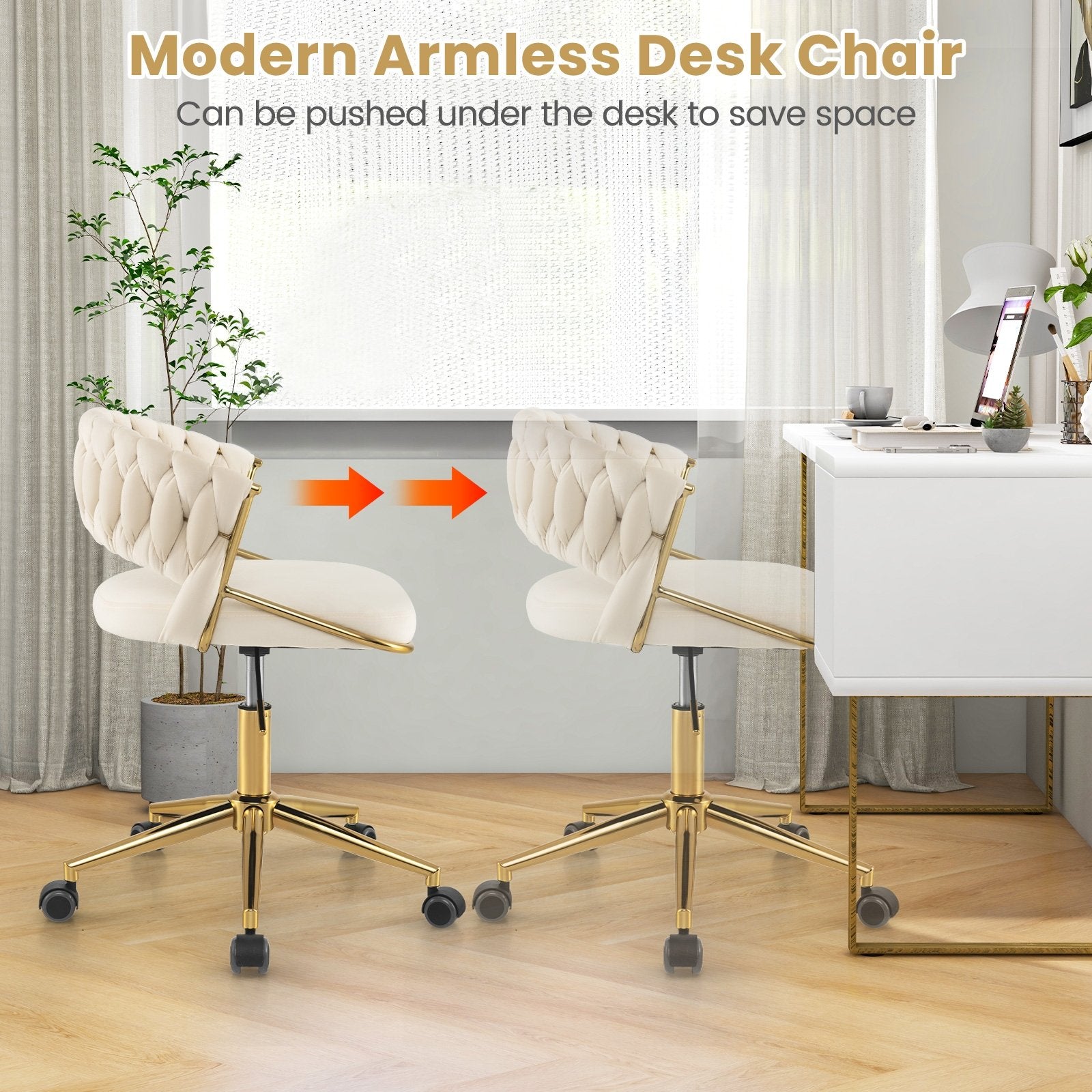 360° Height Adjustable Swivel Upholstered Desk Computer Chair with Hand-woven Back, Beige Armless Chairs   at Gallery Canada