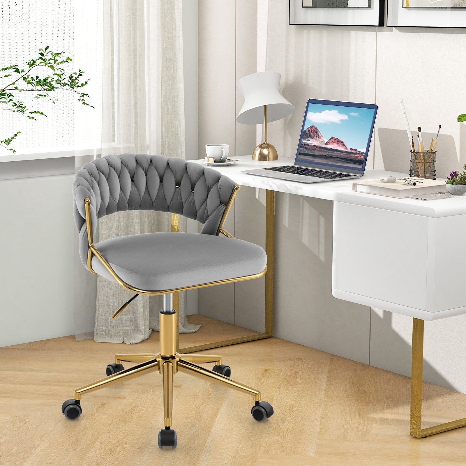 360° Height Adjustable Swivel Upholstered Desk Computer Chair with Hand-woven Back, Gray Armless Chairs   at Gallery Canada