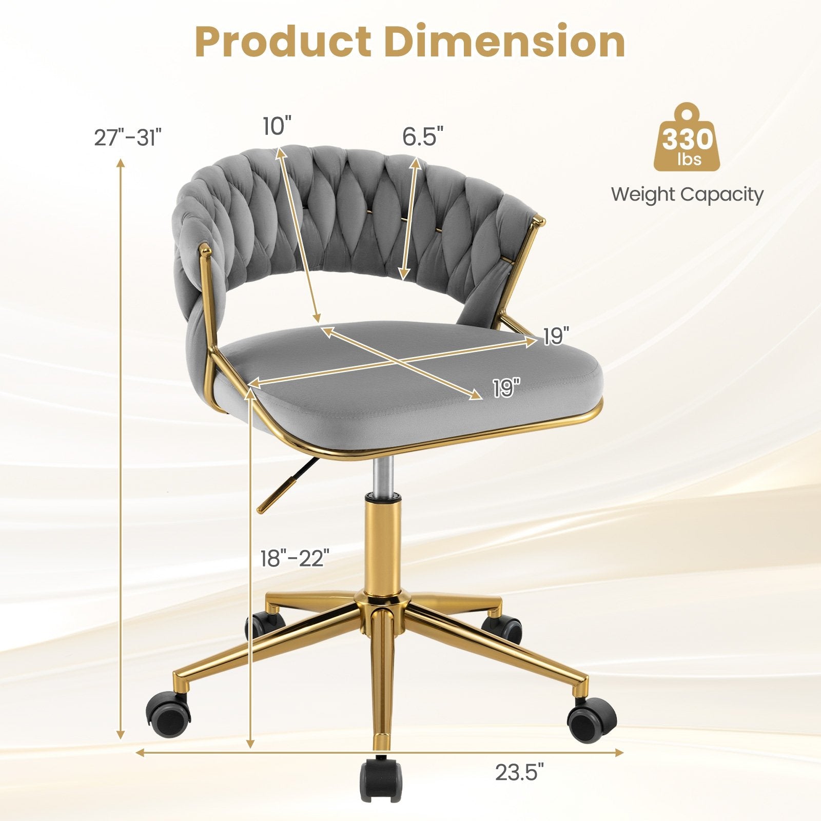 360° Height Adjustable Swivel Upholstered Desk Computer Chair with Hand-woven Back, Gray Armless Chairs   at Gallery Canada