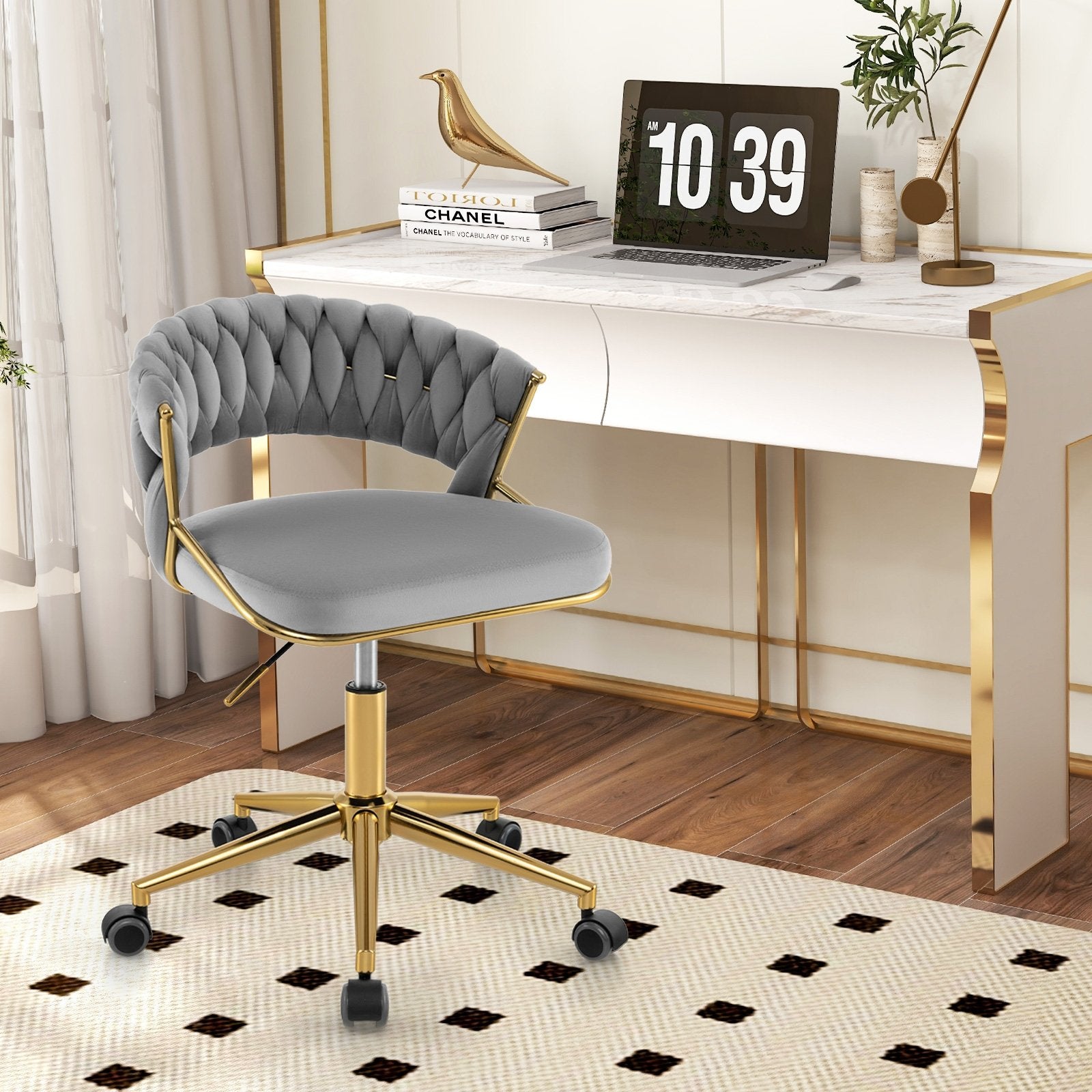 360° Height Adjustable Swivel Upholstered Desk Computer Chair with Hand-woven Back, Gray Armless Chairs   at Gallery Canada