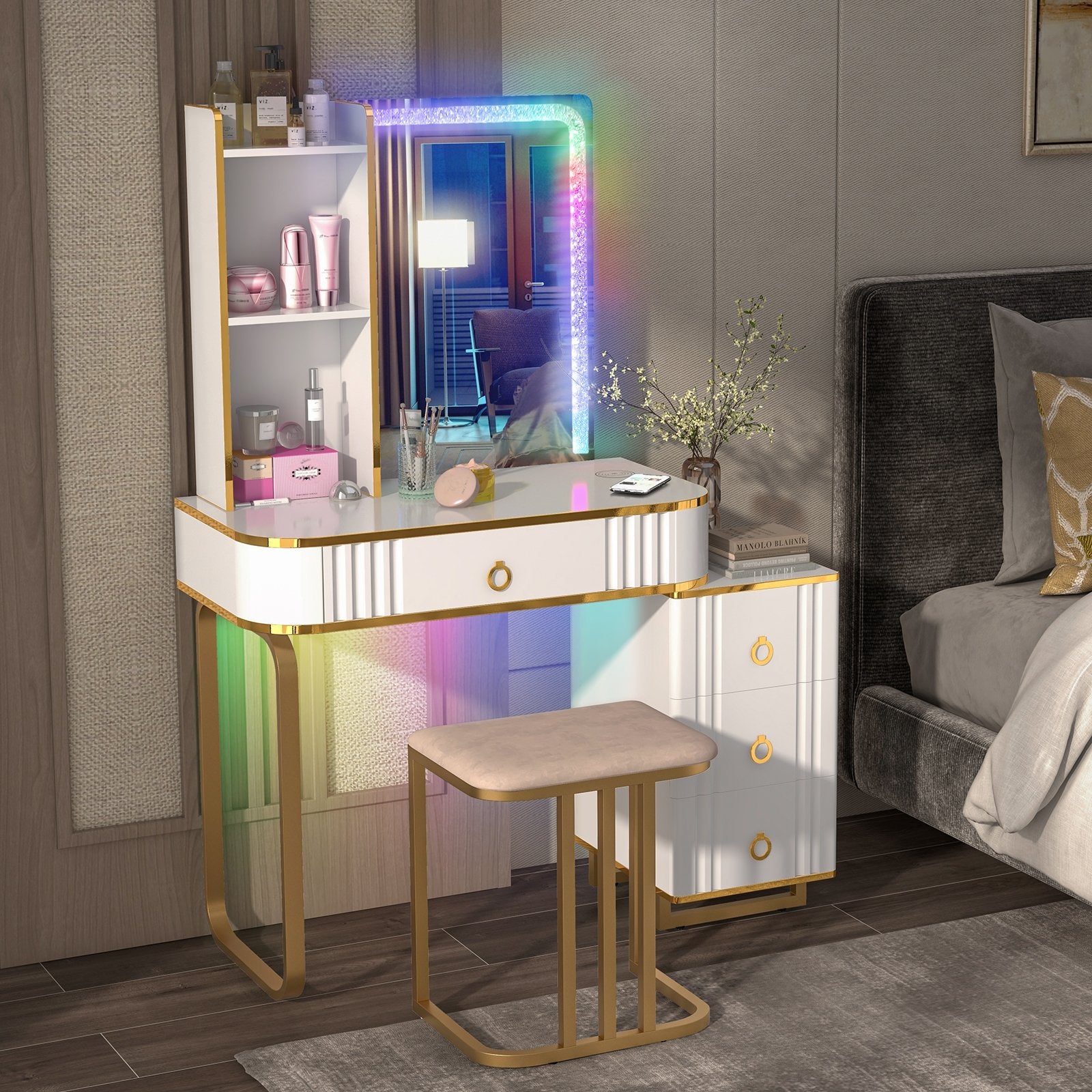 Vanity Table Set with RGB LED Lights and Wireless Charging Station, White Makeup Vanities   at Gallery Canada