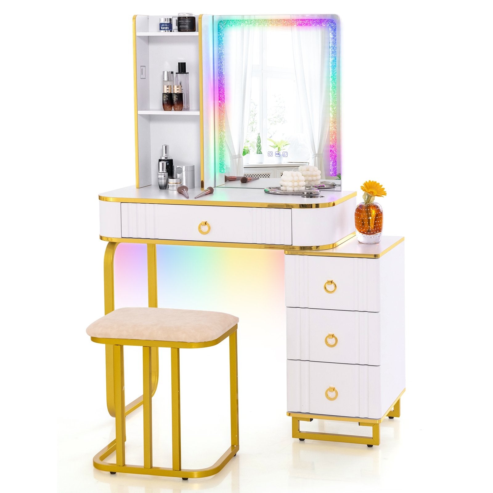 Vanity Table Set with RGB LED Lights and Wireless Charging Station, White Makeup Vanities   at Gallery Canada