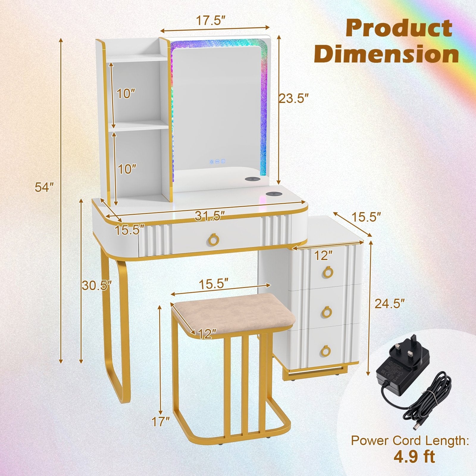 Vanity Table Set with RGB LED Lights and Wireless Charging Station, White Makeup Vanities   at Gallery Canada