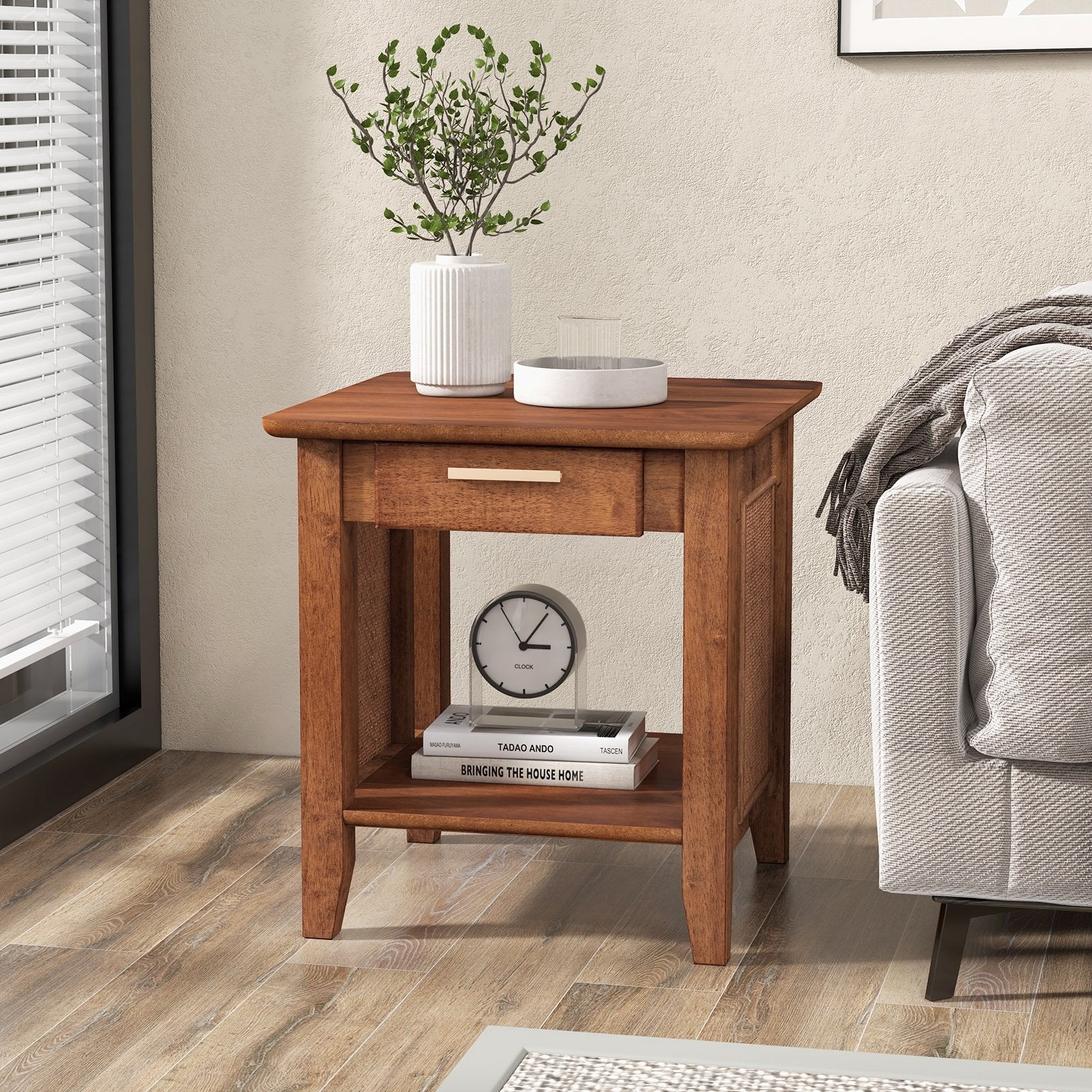 Rattan Nightstand End Table with Drawer and Storage Shelf, Walnut Nightstands   at Gallery Canada