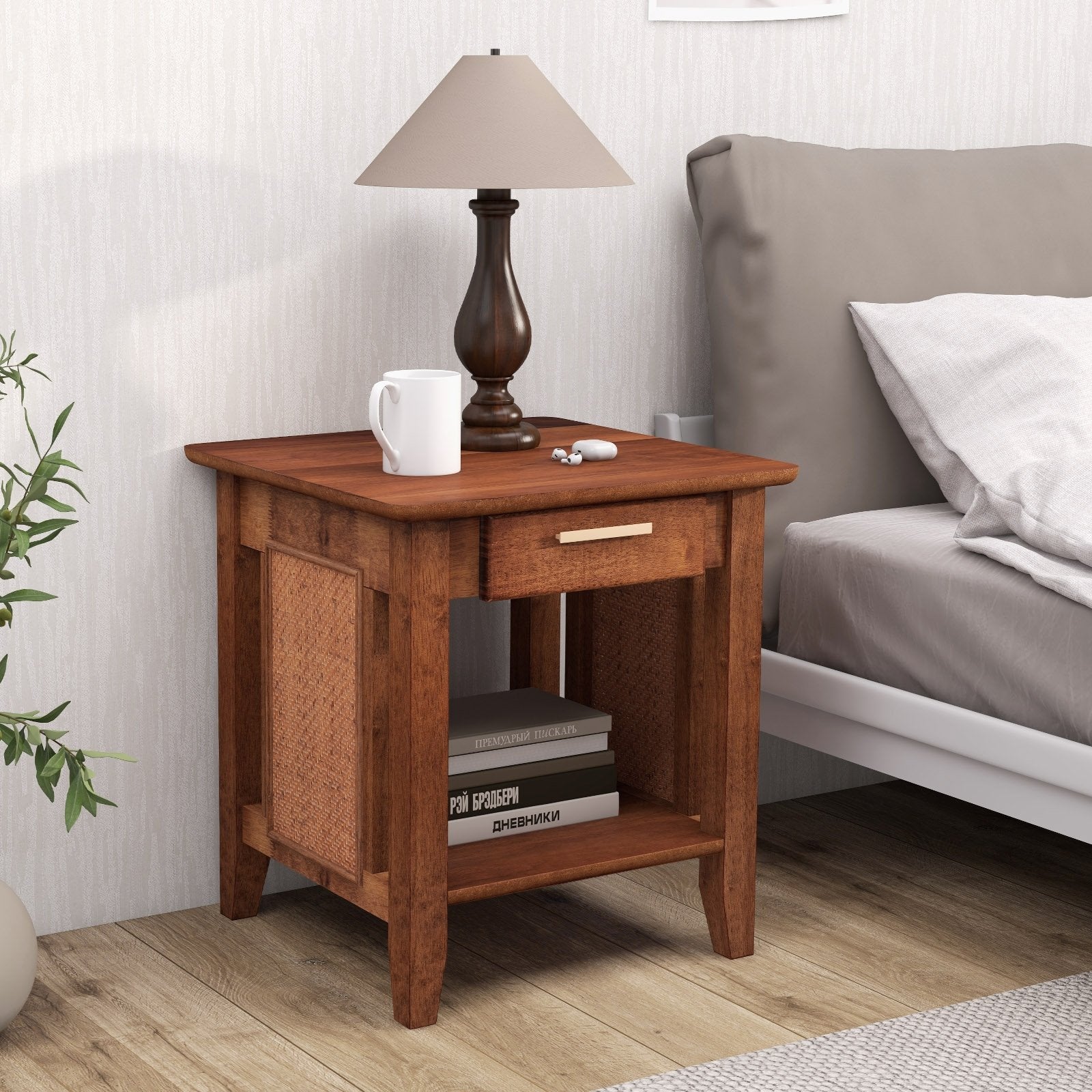 Rattan Nightstand End Table with Drawer and Storage Shelf, Walnut Nightstands   at Gallery Canada