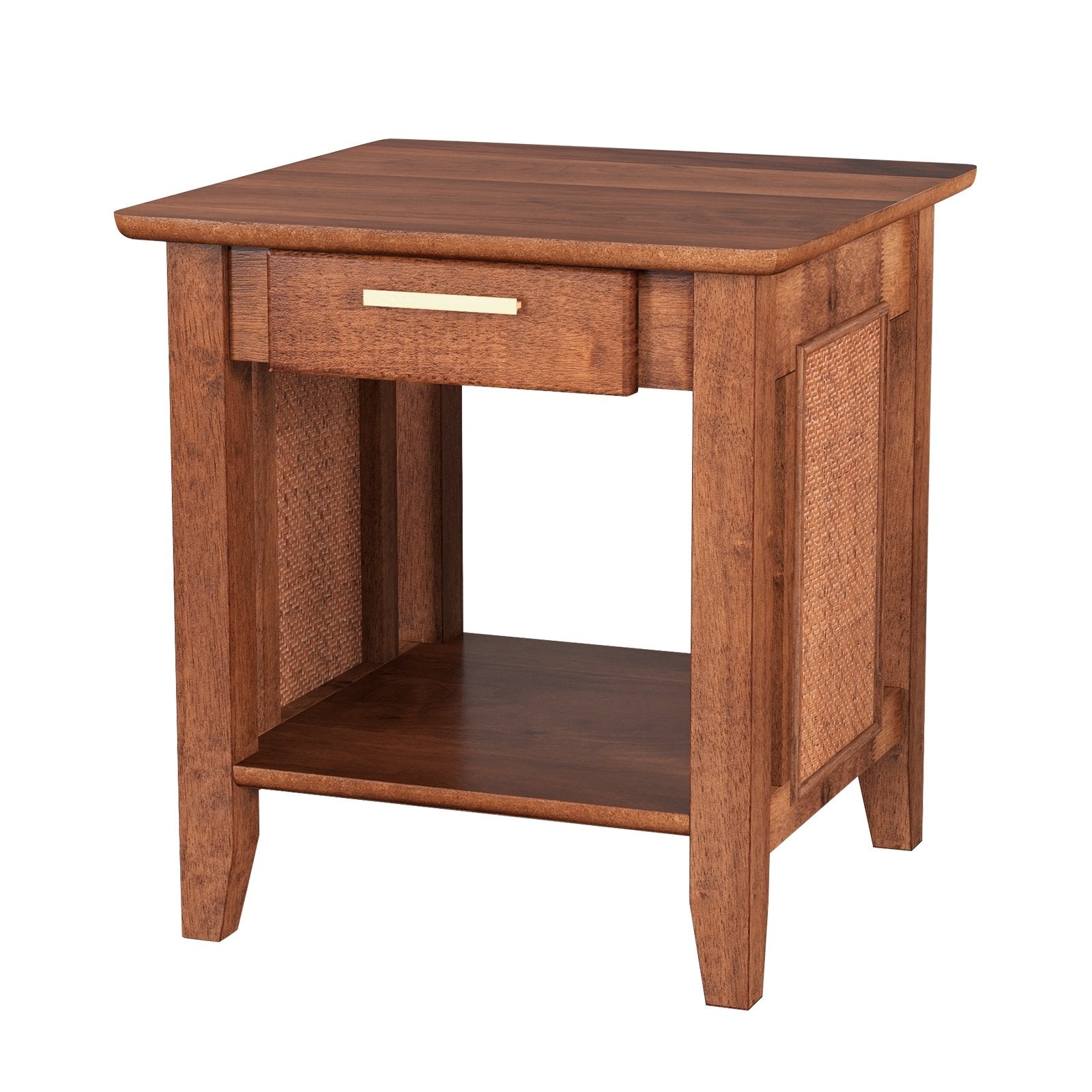 Rattan Nightstand End Table with Drawer and Storage Shelf, Walnut Nightstands   at Gallery Canada