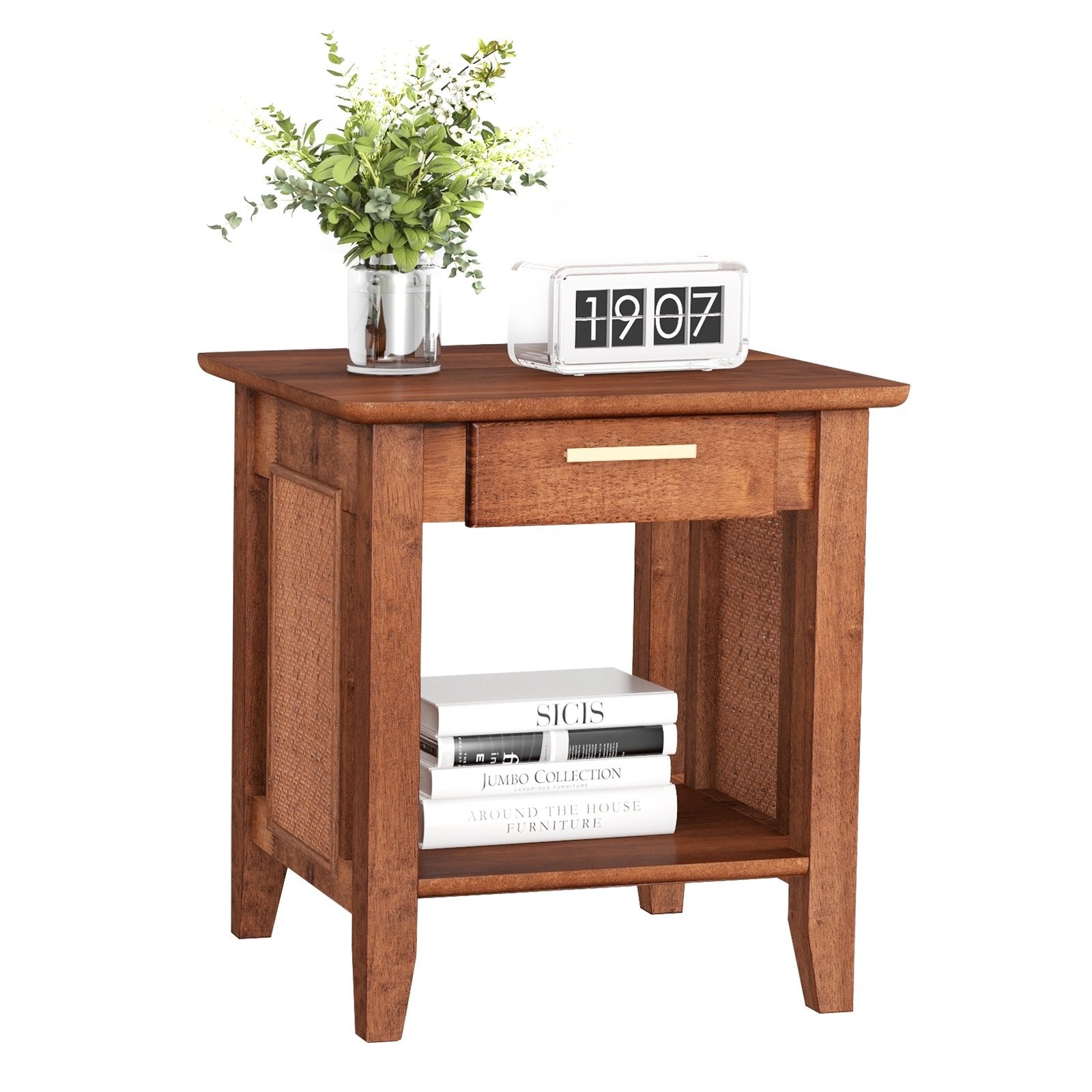 Rattan Nightstand End Table with Drawer and Storage Shelf, Walnut Nightstands   at Gallery Canada