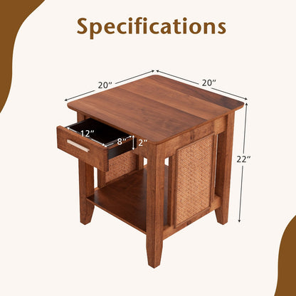 Rattan Nightstand End Table with Drawer and Storage Shelf, Walnut Nightstands   at Gallery Canada