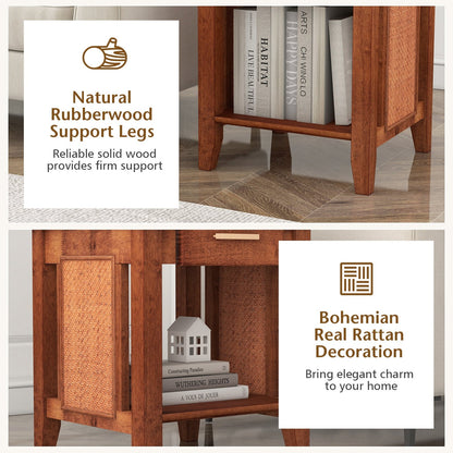 Rattan Nightstand End Table with Drawer and Storage Shelf, Walnut Nightstands   at Gallery Canada