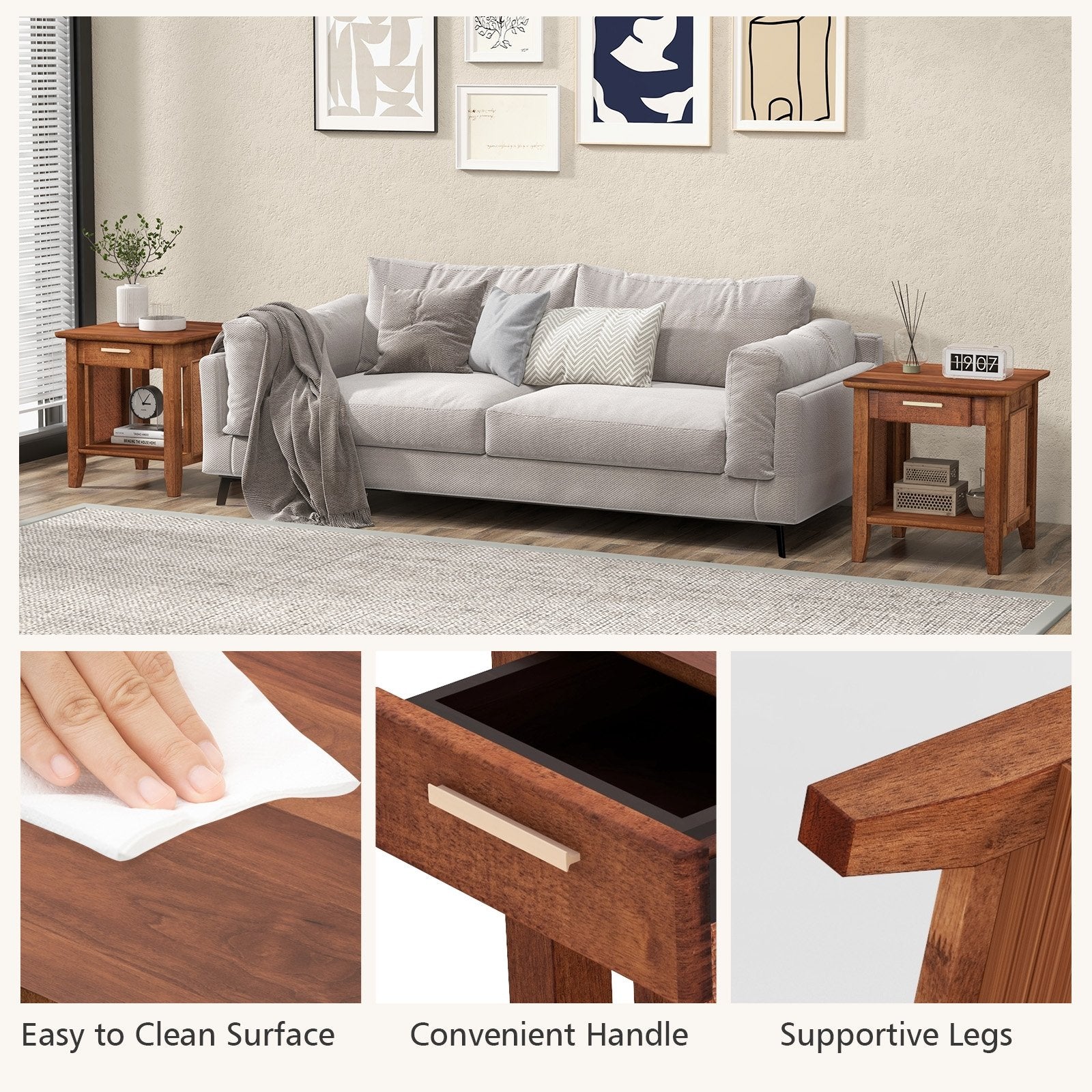 Rattan Nightstand End Table with Drawer and Storage Shelf, Walnut Nightstands   at Gallery Canada