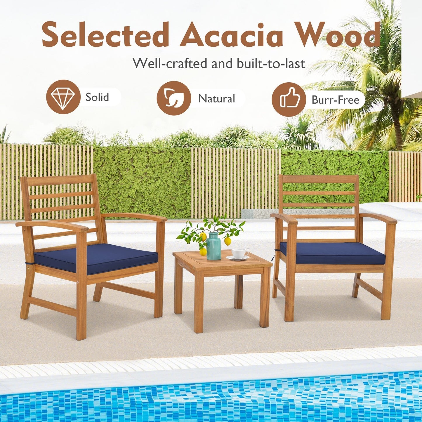 3 Pieces Outdoor Furniture Set with Soft Seat Cushions, Navy Patio Conversation Sets   at Gallery Canada