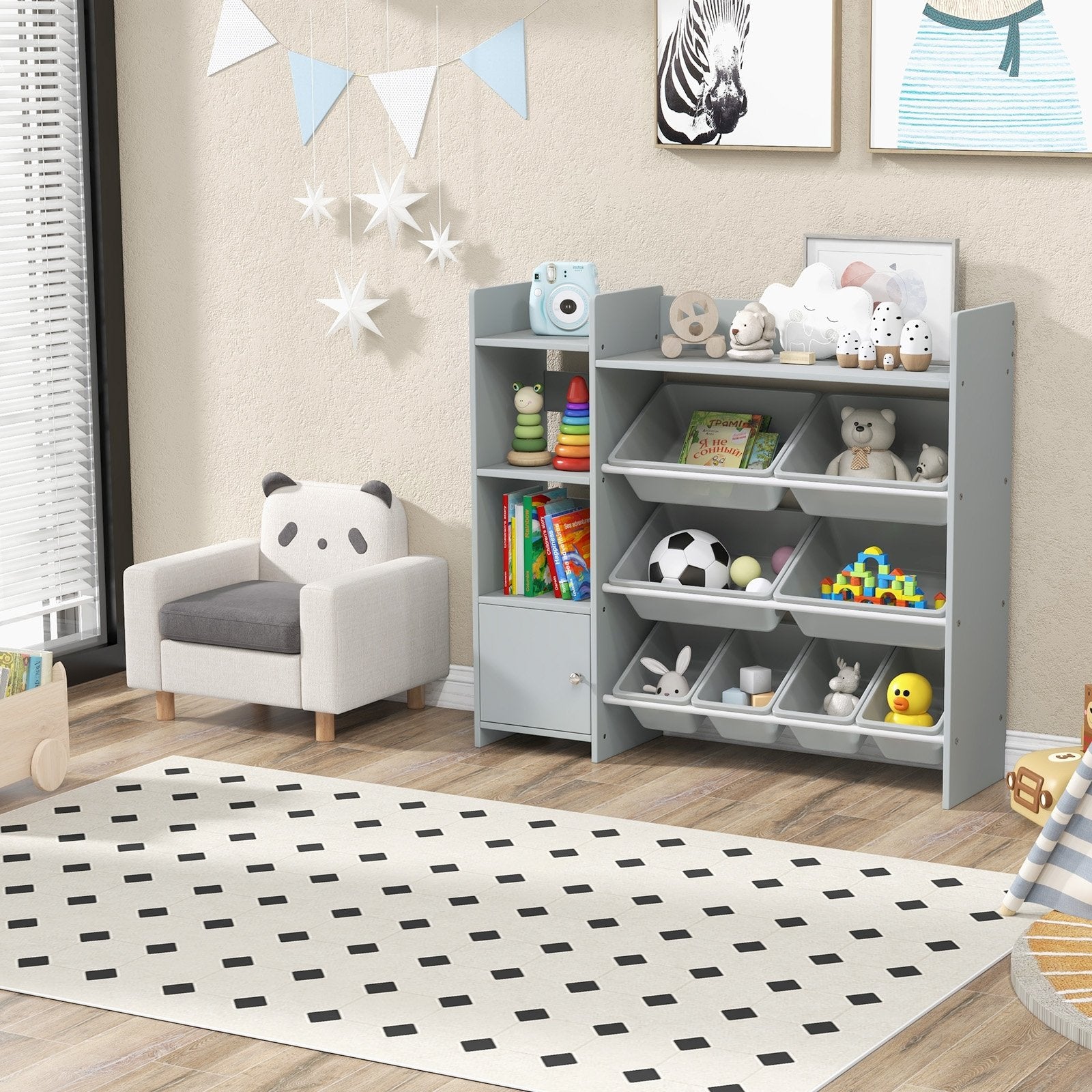 4-Tier Kids Bookshelf and Toy Storage Rack with 8 Toy Organizer Bins-Grey, Gray Kids Storage   at Gallery Canada