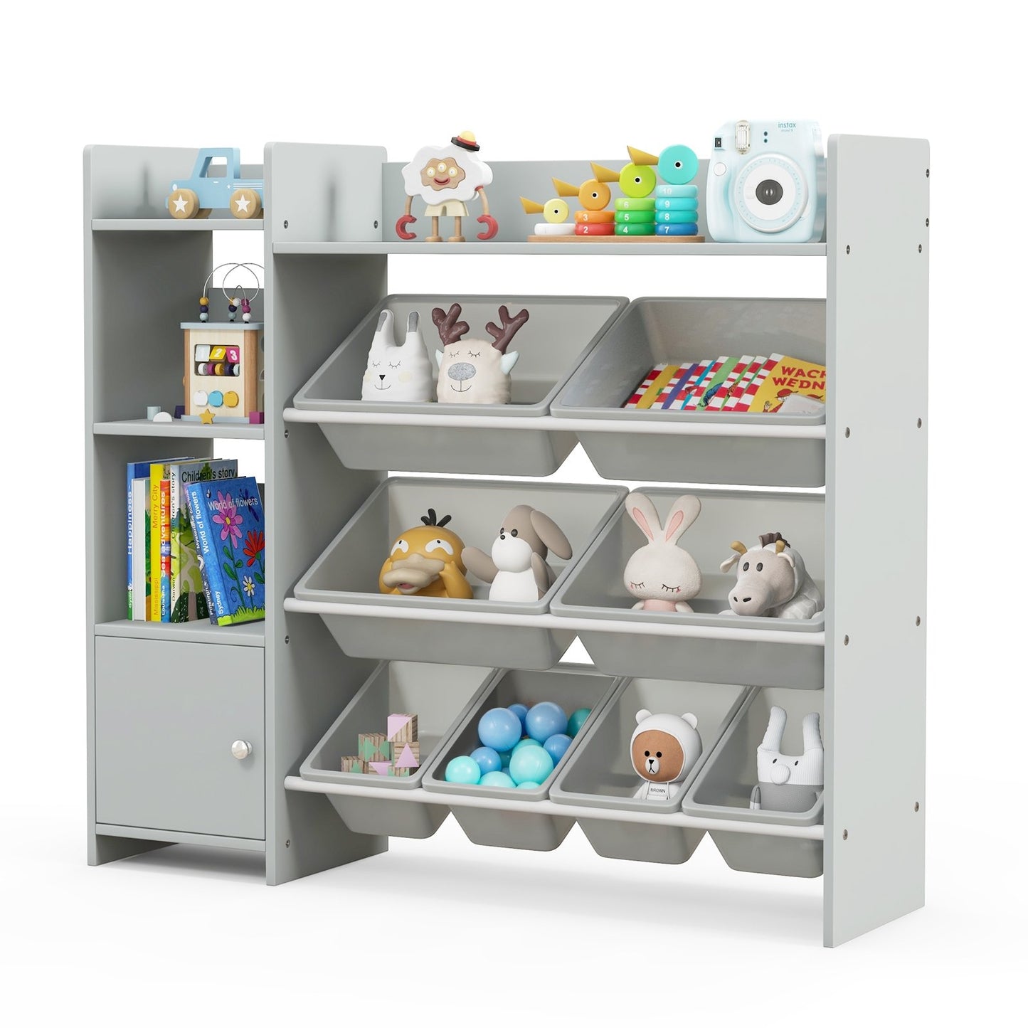 4-Tier Kids Bookshelf and Toy Storage Rack with 8 Toy Organizer Bins-Grey, Gray Kids Storage   at Gallery Canada