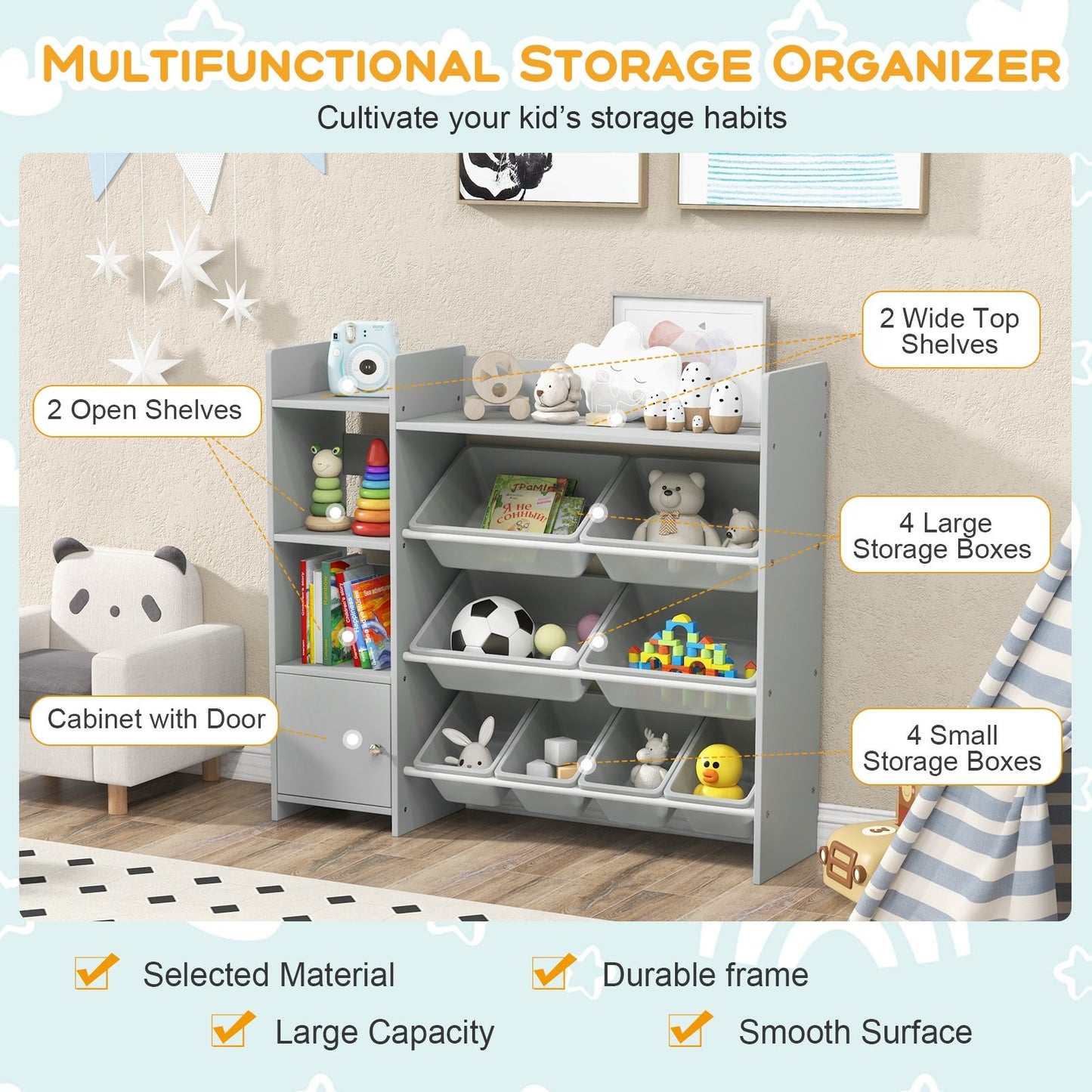 4-Tier Kids Bookshelf and Toy Storage Rack with 8 Toy Organizer Bins-Grey, Gray Kids Storage   at Gallery Canada