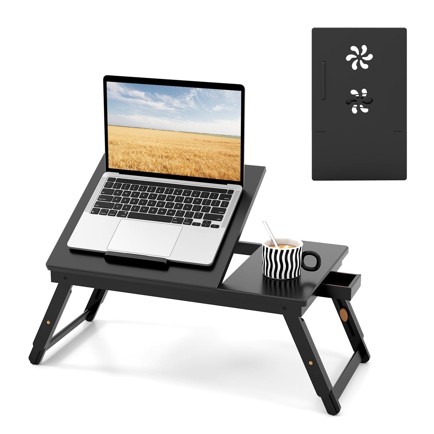 Adjustable Bamboo Laptop Desk with Tilting Top and Drawer, Brown Laptop Tables & Printer Stands   at Gallery Canada