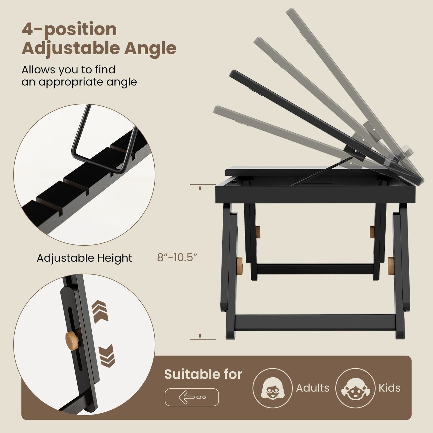 Adjustable Bamboo Laptop Desk with Tilting Top and Drawer, Brown Laptop Tables & Printer Stands   at Gallery Canada