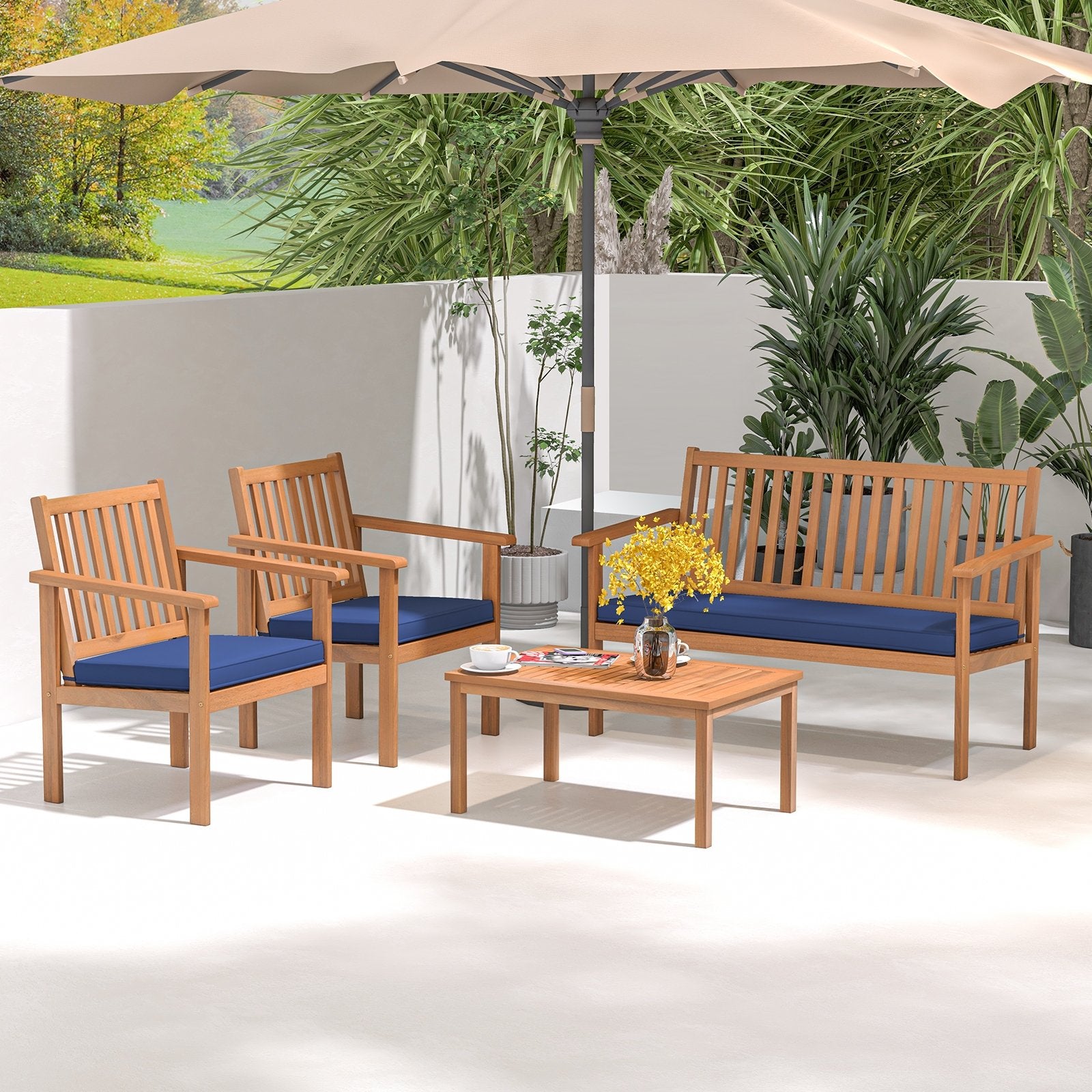 4 Piece Patio Wood Furniture Set Acacia Wood Sofa Set with Loveseat, Navy Patio Conversation Sets   at Gallery Canada