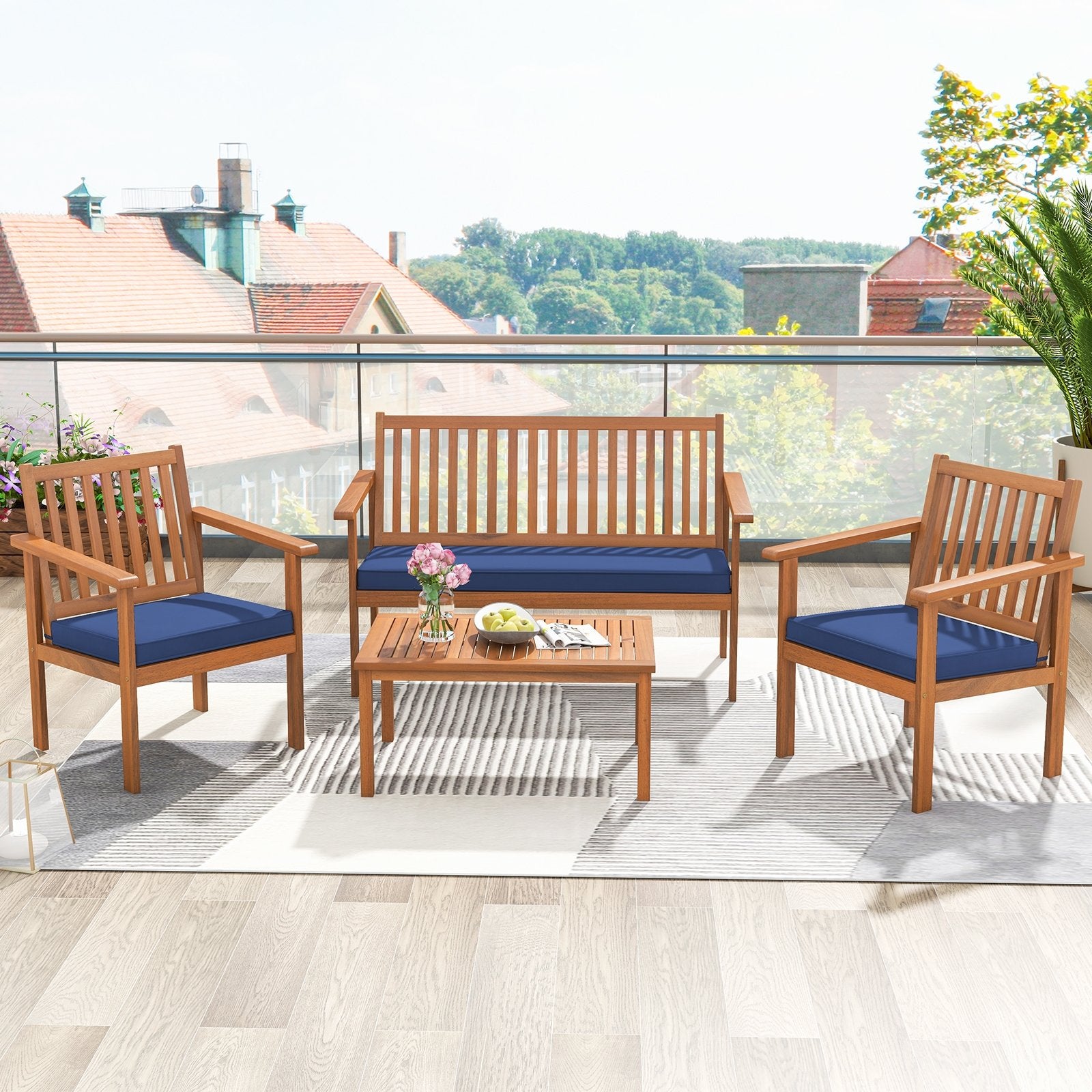 4 Piece Patio Wood Furniture Set Acacia Wood Sofa Set with Loveseat, Navy Patio Conversation Sets   at Gallery Canada