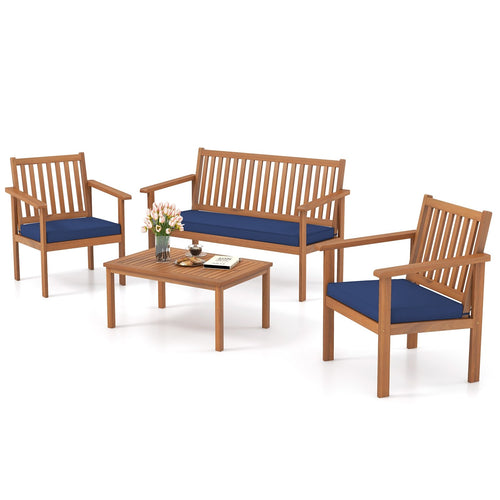 4 Piece Patio Wood Furniture Set Acacia Wood Sofa Set with Loveseat, Navy