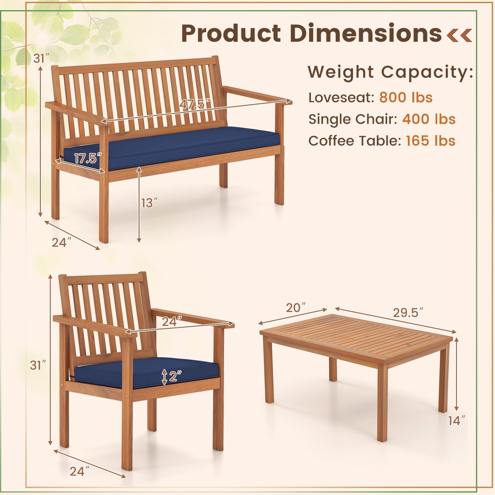 4 Piece Patio Wood Furniture Set Acacia Wood Sofa Set with Loveseat, Navy Patio Conversation Sets   at Gallery Canada