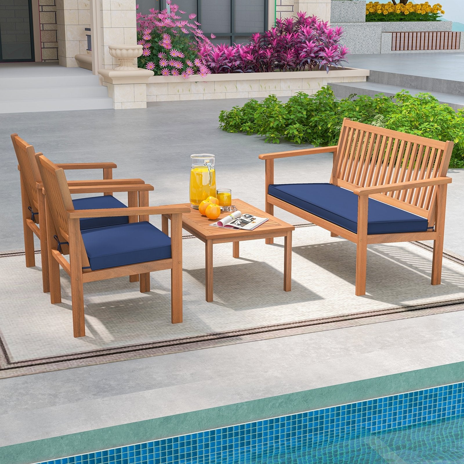 4 Piece Patio Wood Furniture Set Acacia Wood Sofa Set with Loveseat, Navy Patio Conversation Sets   at Gallery Canada