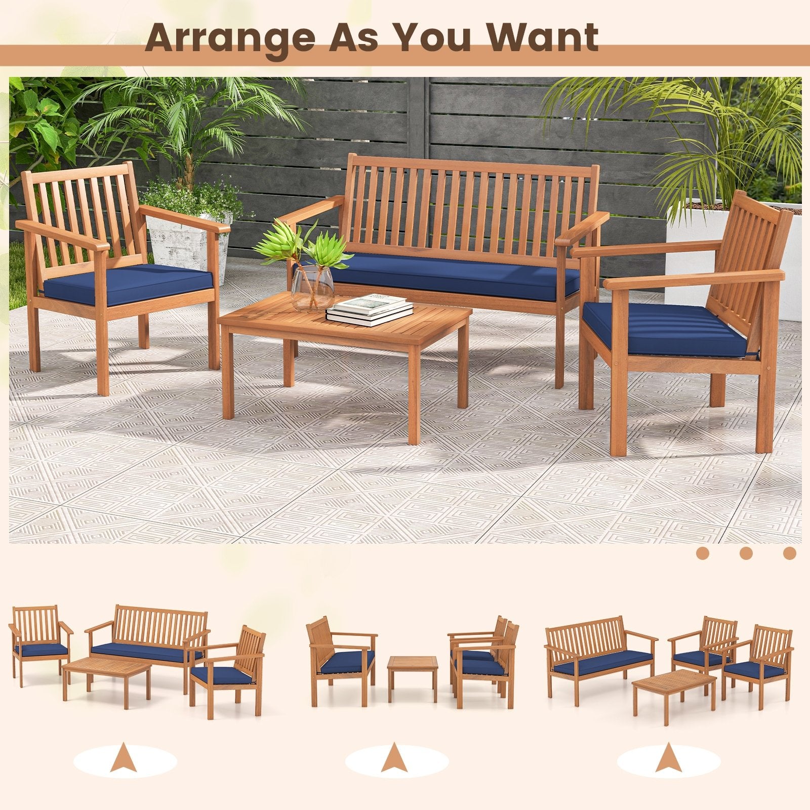 4 Piece Patio Wood Furniture Set Acacia Wood Sofa Set with Loveseat, Navy Patio Conversation Sets   at Gallery Canada